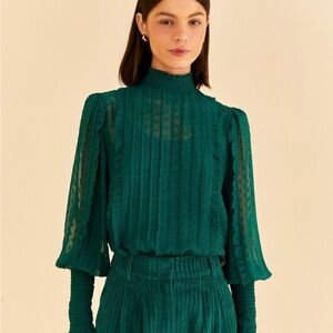 FARM Rio Emerald Smocked High-Neck Pointelle Blouse